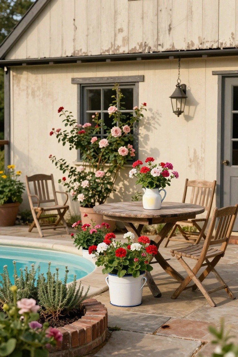 Small turquoise pool edged by a circular brick planter bed filled with pink flowers and succulents, adjacent stone patio with round wooden table holding a white jug of red and pink flowers, folding wooden chairs, potted plants, and climbing roses on a weathered beige wooden building wall.