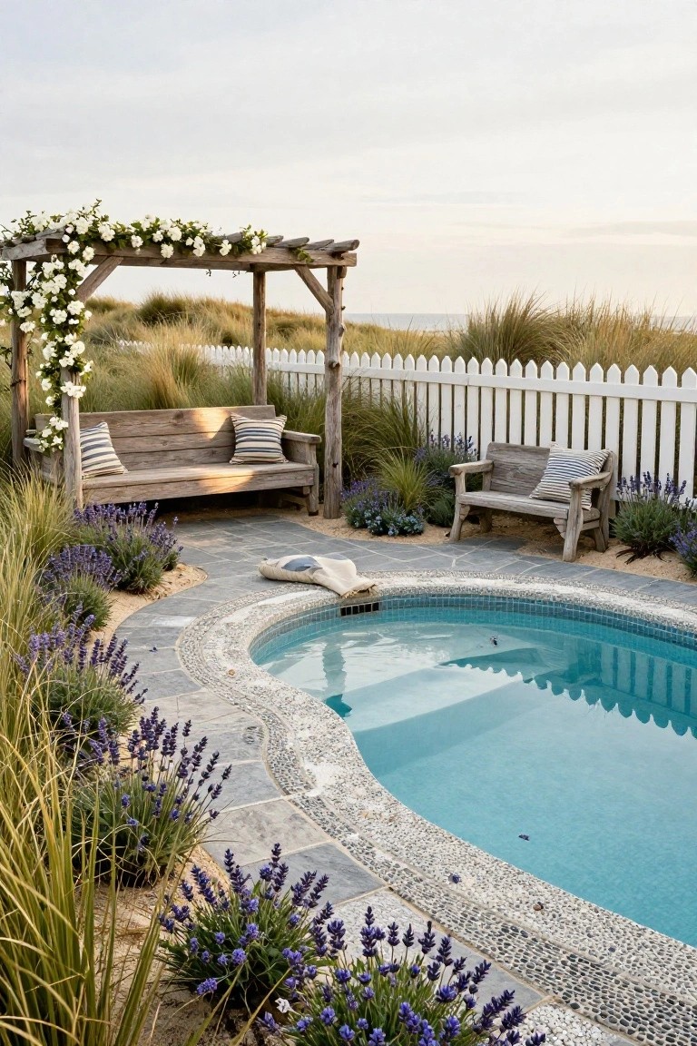 Small oval turquoise pool with pebble mosaic edge and slate stone path, bordered by purple lavender plants and beach grasses, rustic wooden benches under a pergola draped in white flowers, white picket fence, and distant ocean view.