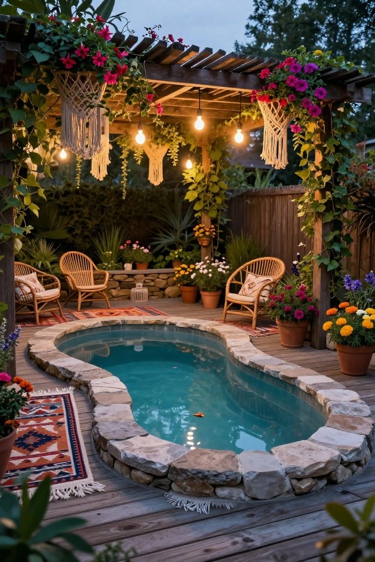 Small kidney-shaped pool with natural stone walls on a wooden deck, surrounded by potted colorful flowers, rattan chairs with cushions, woven rugs, and a wooden pergola overhead with hanging string lights and macrame planters draped in vines and blooms.