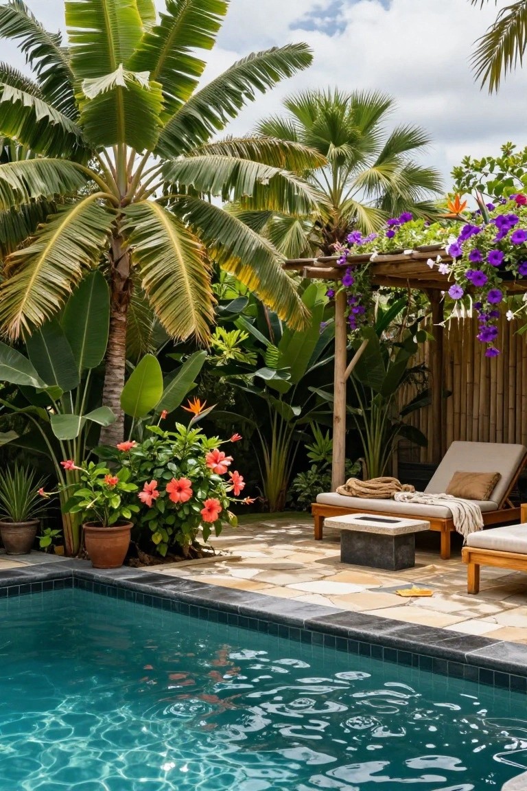 Turquoise pool edged in black tiles on a light stone patio, with two beige chaise lounges, wooden side table, potted red hibiscus flowers, lush tropical plants, and purple flowers hanging from a bamboo pergola structure.