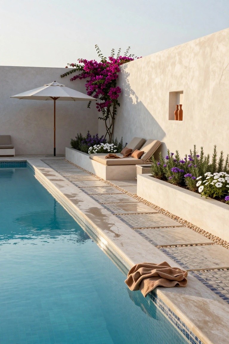 Turquoise pool edged with raised white concrete planters containing purple lavender, rosemary, and white daisies, adjacent loungers on a platform, pink bougainvillea climbing a stucco wall, beige towel draped on the poolside, white umbrella nearby.