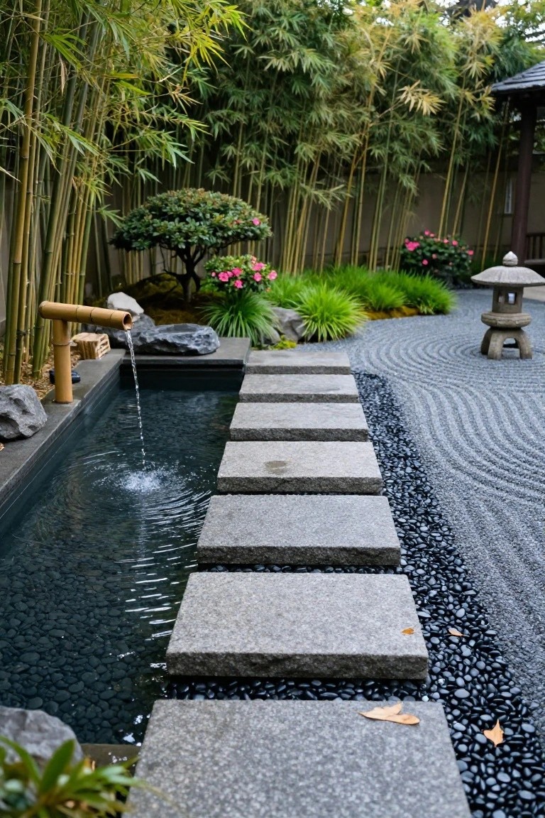 Japanese-style garden with black pebble-lined rectangular pool fed by bamboo fountain, gray stone stepping stone path along one side, raked gravel zen area with stone lantern, bamboo grove, small trees, grasses, and pink flowering shrubs.