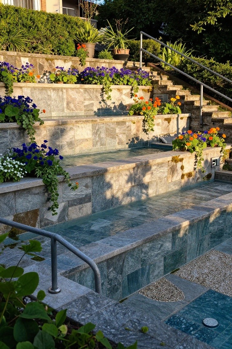Terraced stone steps lined with purple pansies, orange marigolds, and other colorful flowers leading down to a small turquoise-tiled pool with metal railings and surrounding greenery.