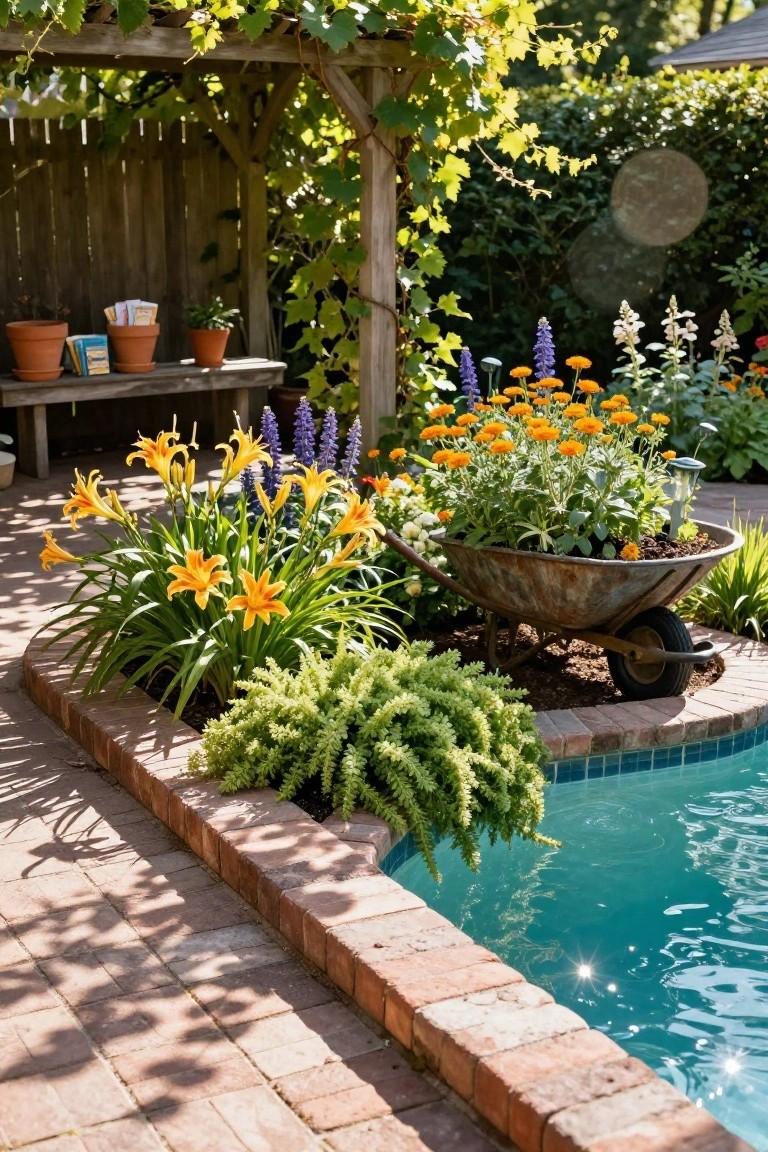 Rustic wheelbarrow planter filled with orange flowers positioned near a pool edge, surrounded by yellow daylilies, purple salvia, green ferns, and other plants, with a wooden bench under a vine-covered arbor nearby.
