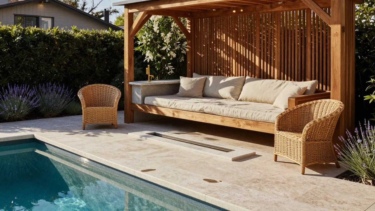 Outdoor wooden pergola with slatted screens enclosing a marble bar counter and wood bench with cushions beside a pool, with lavender plants, climbing white roses, and rattan chairs nearby.