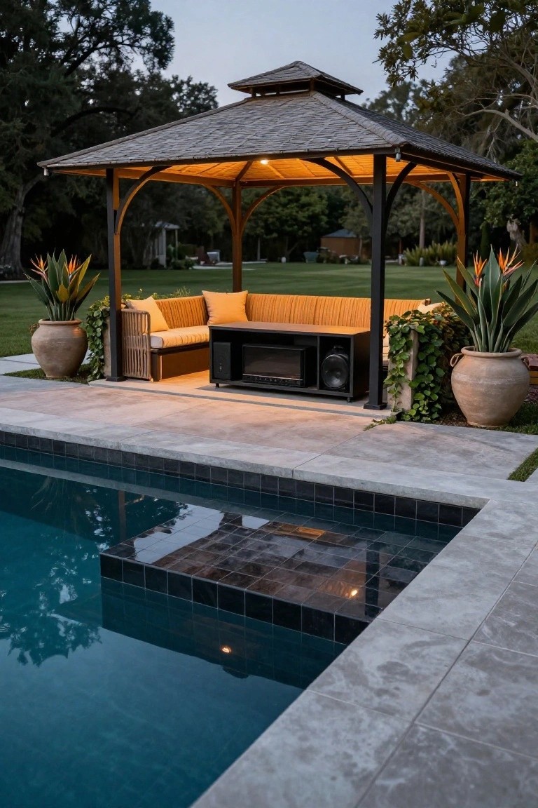 Pavilion gazebo with beige L-shaped outdoor sectional sofa around a black table, flanked by large terracotta pots with bird of paradise plants, next to a dark-tiled rectangular pool on a concrete deck surrounded by grass and trees at twilight.