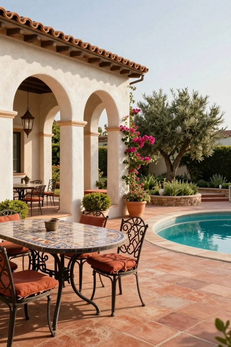 White stucco arched colonnade with lanterns extending from a house, overlooking a curved turquoise pool on terracotta patio tiles, with an oval tiled dining table, wrought iron chairs with red cushions, potted plants, bougainvillea, and olive trees nearby.