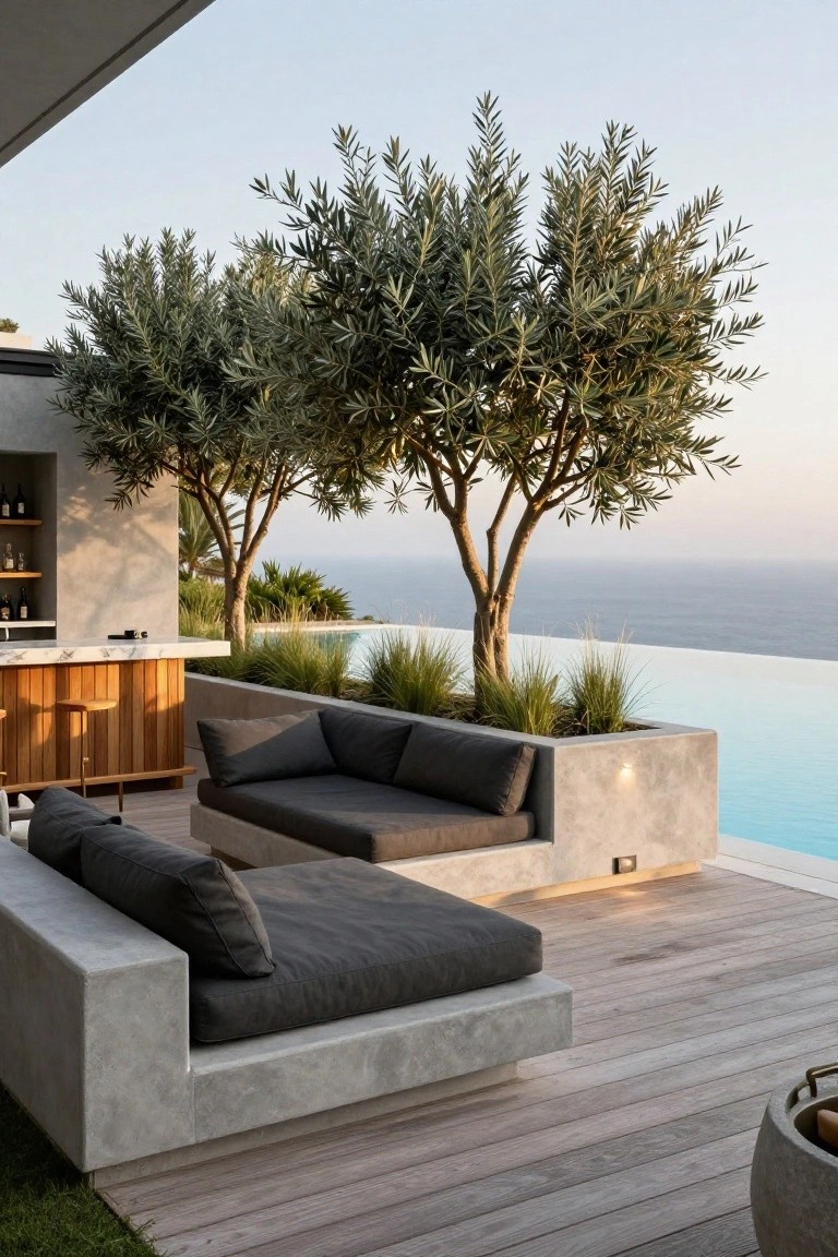 Outdoor infinity pool terrace with built-in gray concrete seating cushions, wooden bar counter with stools, potted grasses and olive trees, and ocean view at dusk.