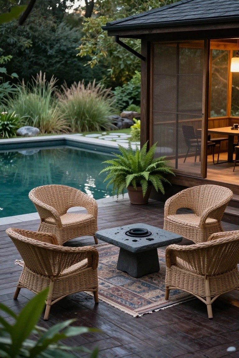 Wooden deck adjacent to a rectangular pool with four rattan armchairs arranged around a square stone fire pit table, a screened wooden gazebo nearby, and surrounding tropical plants and grasses.
