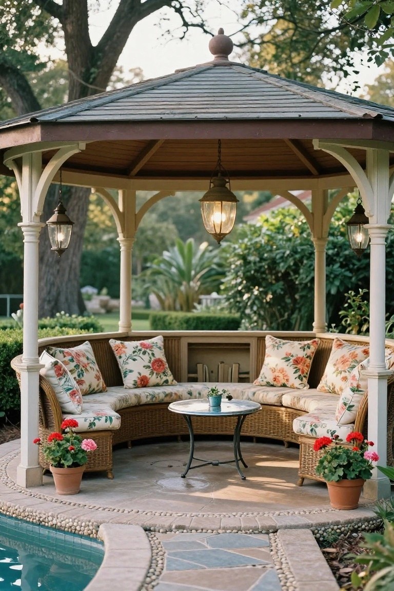 White octagonal gazebo beside a pool featuring curved wicker bench seating with floral cushions, a central round table, hanging lanterns, and potted red geraniums on a pebble-edged patio.