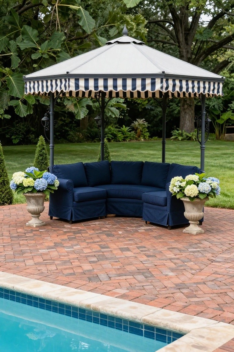 Curved navy blue slipcovered sectional sofa under a white and navy striped octagonal gazebo next to an inground pool, flanked by large hydrangea arrangements in stone urns on a brick patio surrounded by greenery.