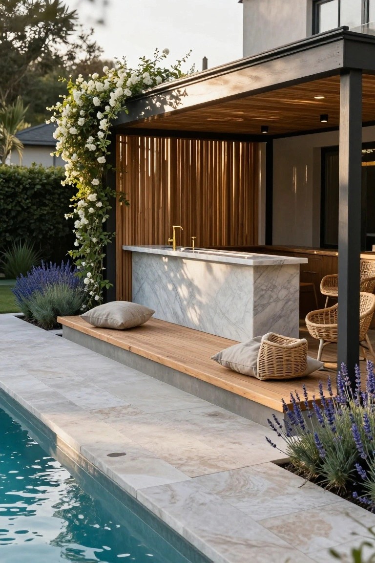 Outdoor wooden pergola with slatted screens enclosing a marble bar counter and wood bench with cushions beside a pool, with lavender plants, climbing white roses, and rattan chairs nearby.