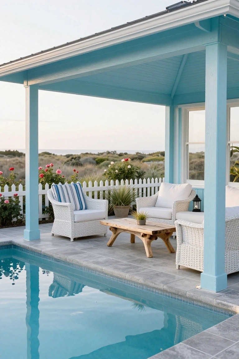 Light blue wooden gazebo covering white wicker chairs and a rustic wooden table on a gray tiled patio next to a rectangular swimming pool, with white picket fence, roses, and ocean dunes in the background.