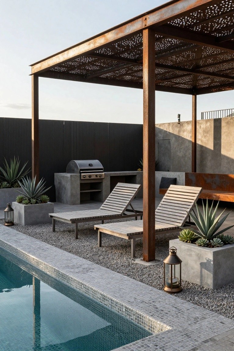 Rusted steel pergola with perforated roof over wooden loungers and built-in BBQ by a pool, with concrete planters containing agave plants and pebble ground.