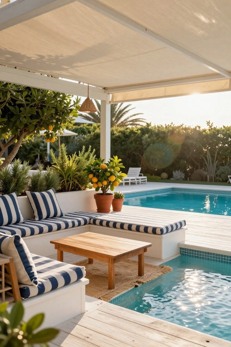 White wooden pergola with beige canopy over built-in L-shaped bench seating with blue-and-white striped cushions and cushions, wooden coffee table, potted plants, and turquoise pool edge.