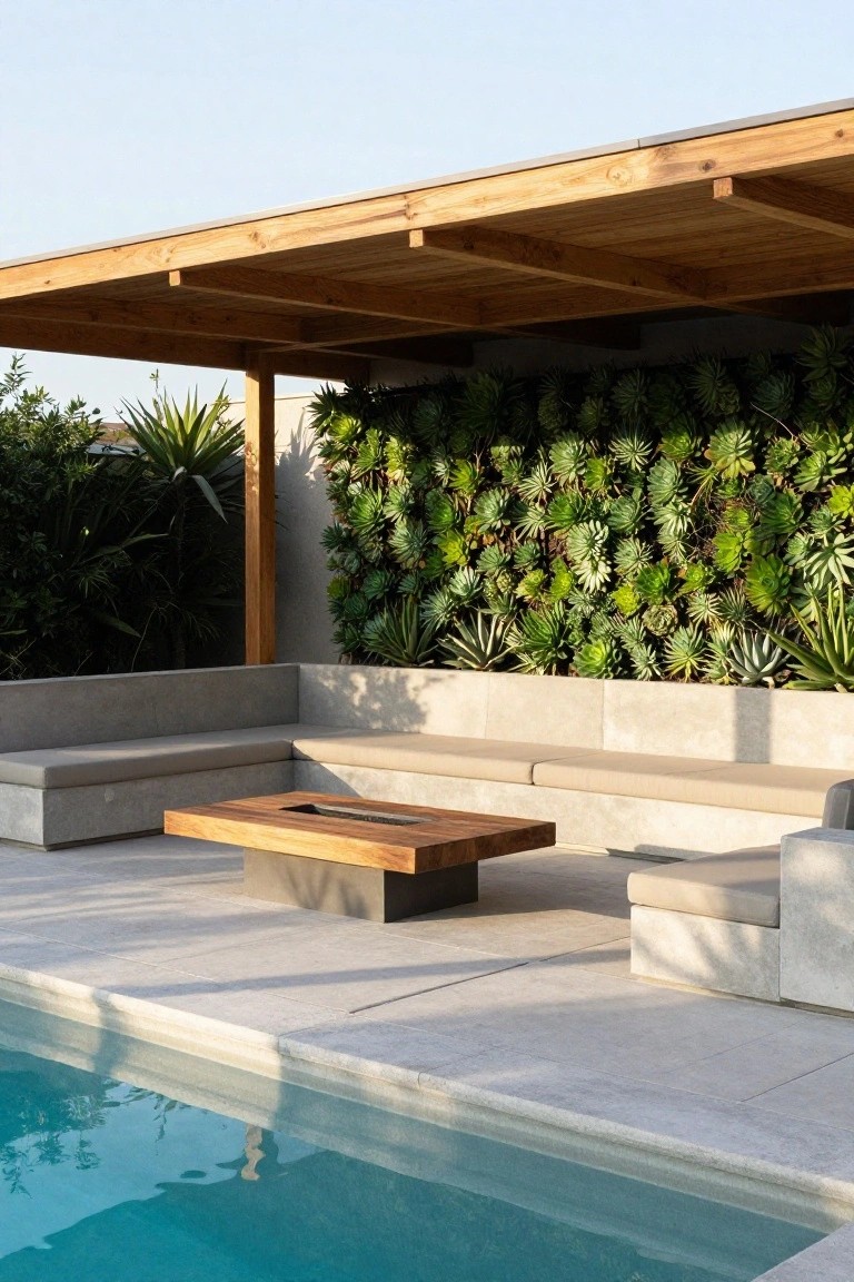 Wooden pergola covers an L-shaped concrete bench with cushions and a central wooden fire table next to a turquoise pool, with a vertical green succulent wall and surrounding plants on a light gray tiled patio.