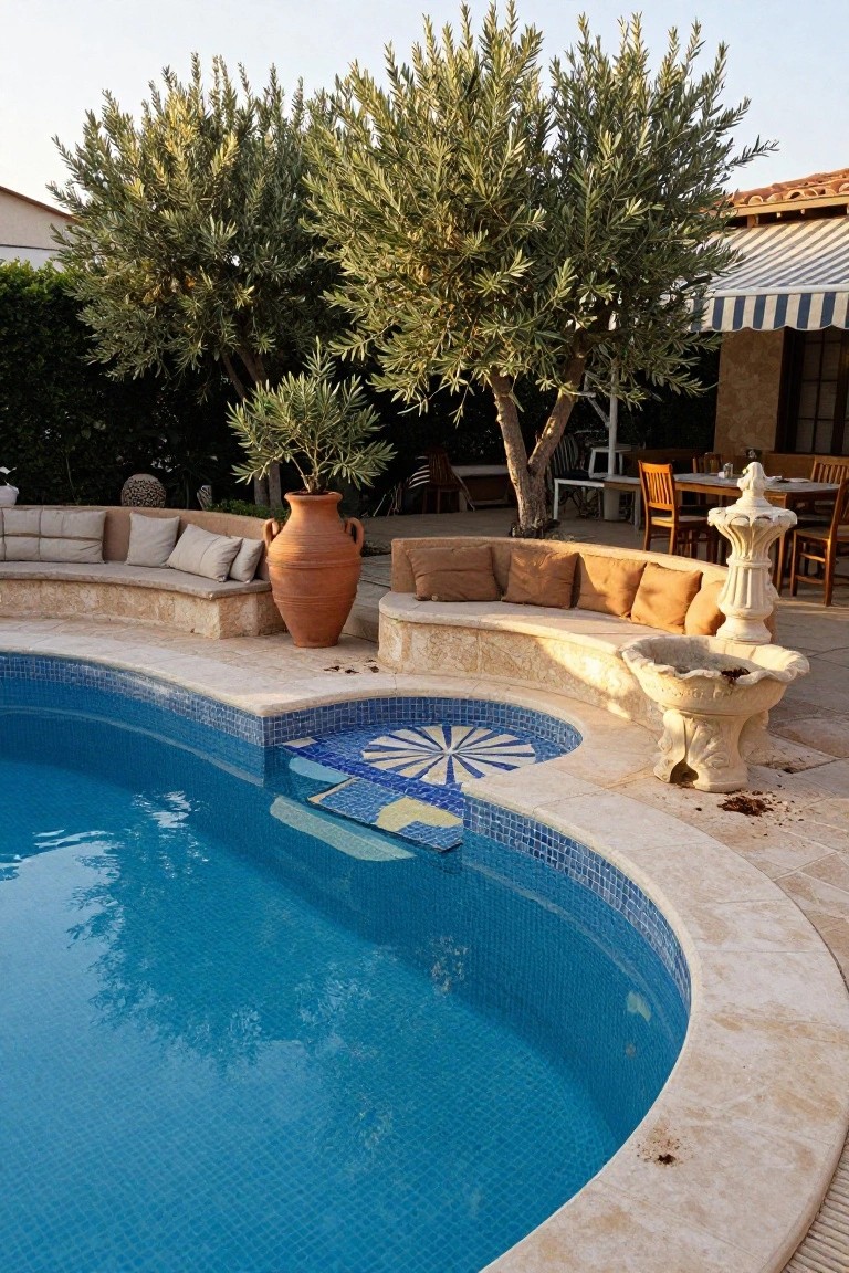 Curved blue-tiled inground pool with mosaic entry steps, surrounded by beige stone decking with built-in cushioned benches, large terracotta pot, stone fountain, olive trees, and outdoor furniture in a backyard.