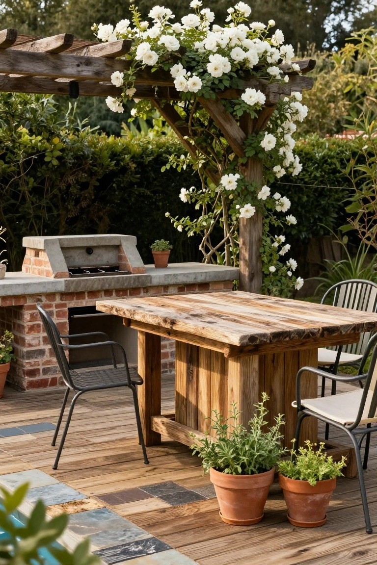 Outdoor deck with built-in brick BBQ grill on concrete countertop, rustic wooden dining table and metal chairs, potted plants, and white climbing roses on wooden pergola amid greenery.