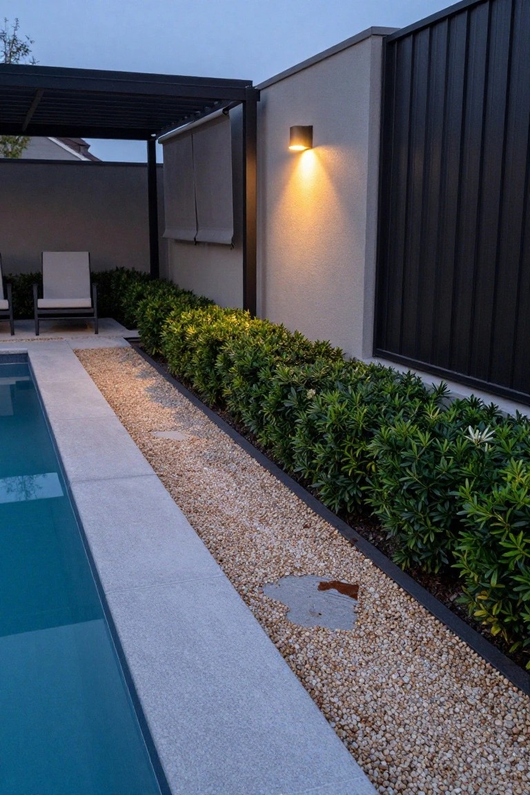 Inground pool with light gray concrete decking edged by a pebble gravel strip and low trimmed box hedges against a tall black fence, lounge chair under pergola, and wall light at dusk.