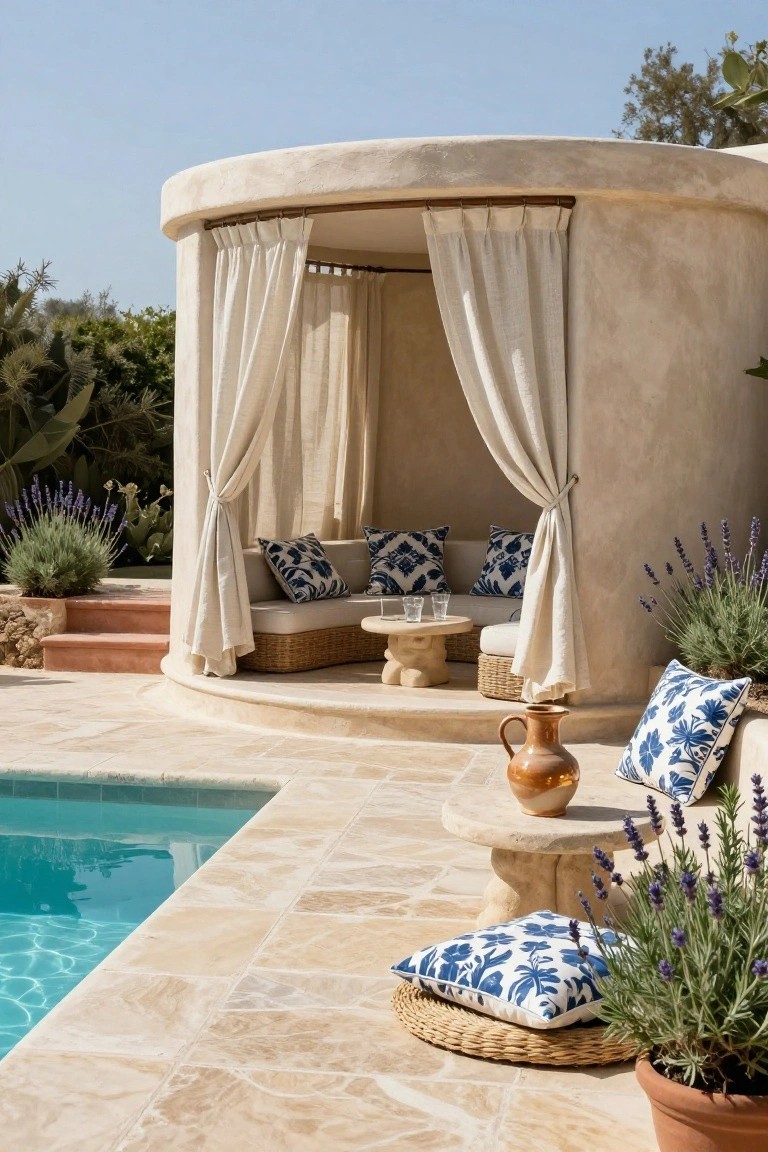 Curved beige stucco cabana with sheer white curtains, blue patterned cushions on built-in seating, woven tables, and potted lavender plants beside a rectangular inground pool on tiled decking.