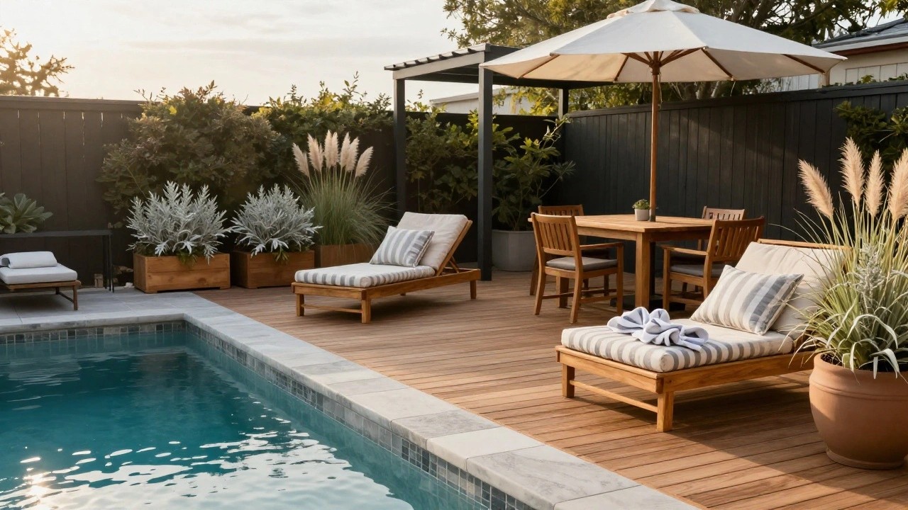 Inground pool bordered by light wooden decking with three teak lounge chairs featuring blue and white striped cushions, potted plants nearby, and ocean view in the background at sunset.