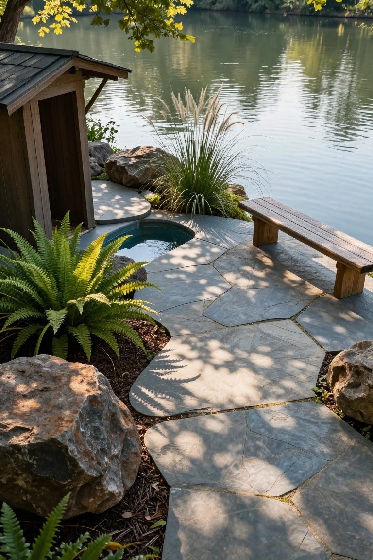 Small inground hot tub surrounded by irregular gray stone pavers forming a deck and path, with a wooden changing shed, bench, large rocks, ferns, grasses, and a river in the background.