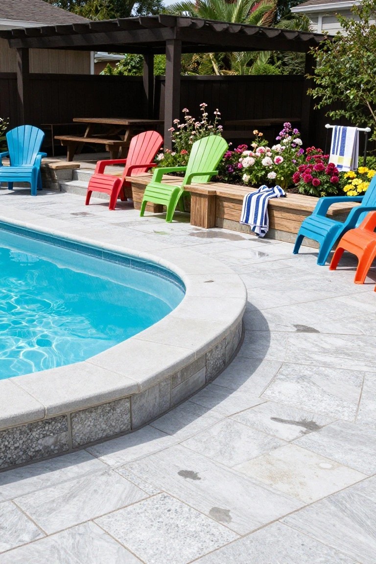 Curved inground pool with light gray stone paver decking and coping, lined with colorful plastic Adirondack chairs in multiple colors, wooden pergola structure, picnic table, and surrounding flower beds and towels.