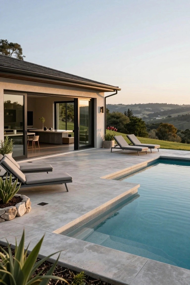 Modern stucco house with large open sliding glass doors leading to a gray concrete pool deck with two lounge chairs, agave plants, and an infinity-edge pool overlooking rolling hills at sunset.