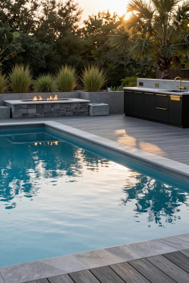 Corner view of turquoise inground pool with light gray stone coping and dark gray wood-look composite decking, linear gas fire pit in stone enclosure with three flames, adjacent black outdoor kitchen with brass faucet, grasses and palm trees in background at sunset.