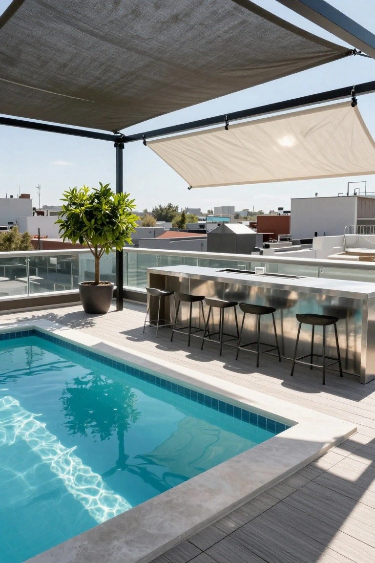 Rooftop terrace with small turquoise inground pool, adjacent stainless steel bar counter with four black stools, potted green tree, beige and gray shade sails on black frame, glass railing, and urban buildings in background.
