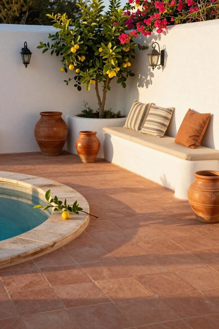 Small inground pool on a terracotta tile deck with a built-in cushioned bench against a white wall, flanked by terracotta pots, a lemon tree, and pink bougainvillea.