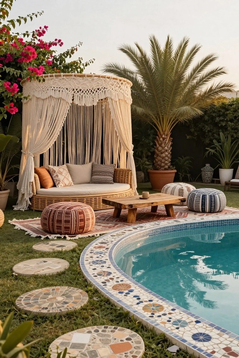 White macrame canopy over a round rattan daybed with beige cushions, orange and patterned pillows, striped poufs, wooden table, and woven rug next to a turquoise inground pool with blue and white mosaic tile edging, surrounded by palms, bougainvillea vines, potted plants, and stone stepping path.