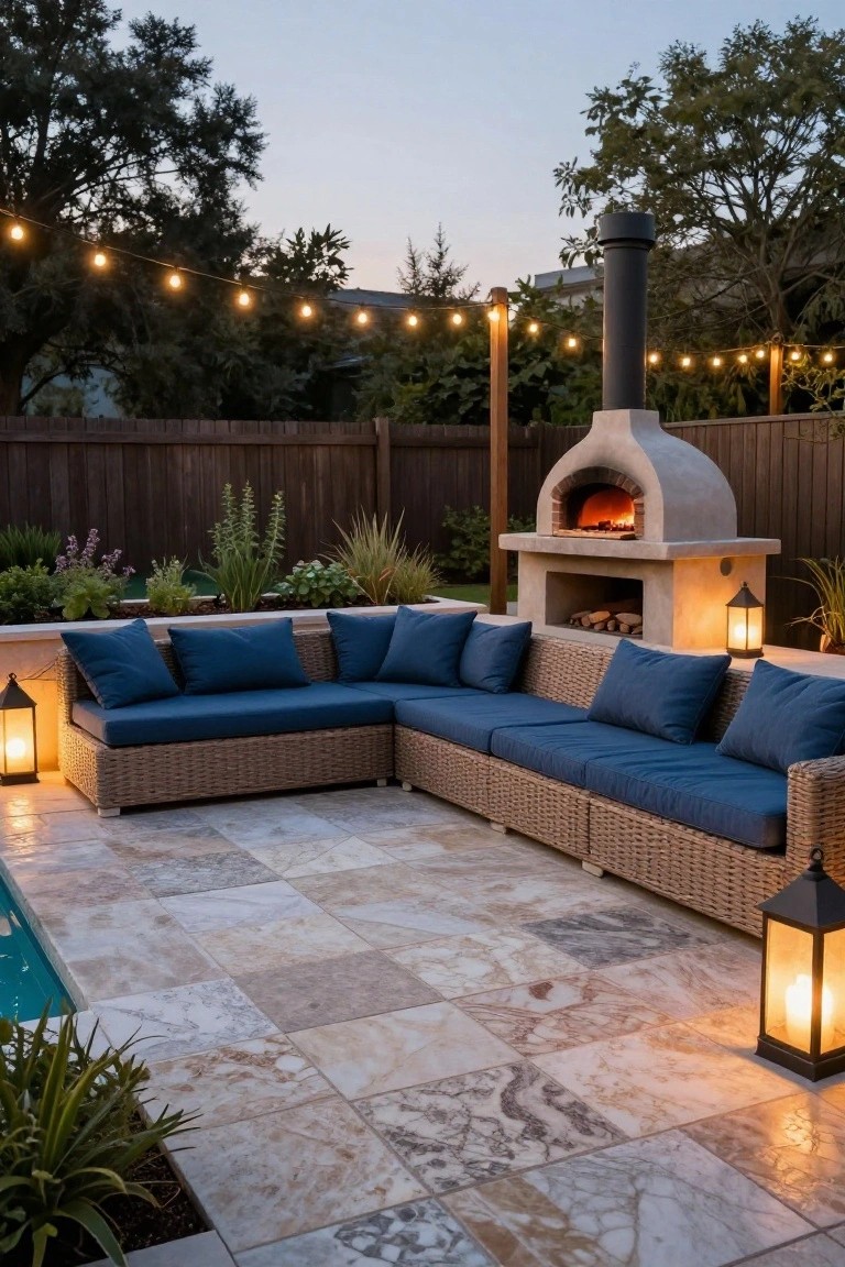 Inground pool deck with L-shaped wicker sofa in blue cushions facing a built-in beige pizza oven and fireplace, string lights overhead, lanterns on the ground, plants in beds, wooden fence, and pool edge with travertine pavers.