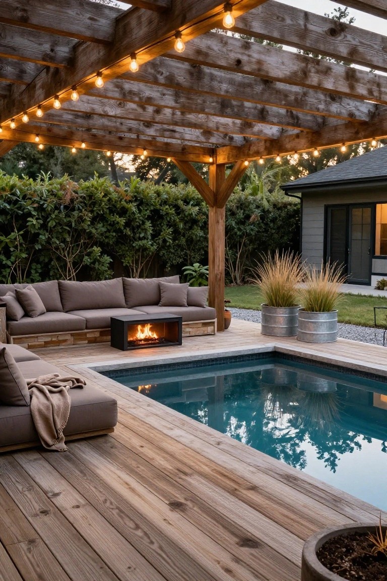 Wooden deck around turquoise inground pool with L-shaped beige couch on stone base enclosing black rectangular gas fire pit, under pergola strung with warm lights, gravel path and potted grasses nearby.