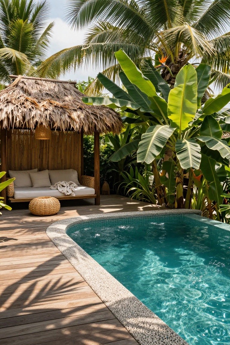Curved turquoise-tiled inground pool on wooden deck with adjacent open-sided thatched pavilion containing bamboo-screened daybed lounge, surrounded by tropical palms, banana plants, and lush greenery.