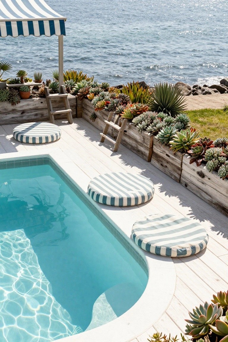 Turquoise inground pool on white wood deck edged by weathered wooden planters overflowing with various succulents, striped round poufs on the deck, small ladder nearby, and ocean view beyond.