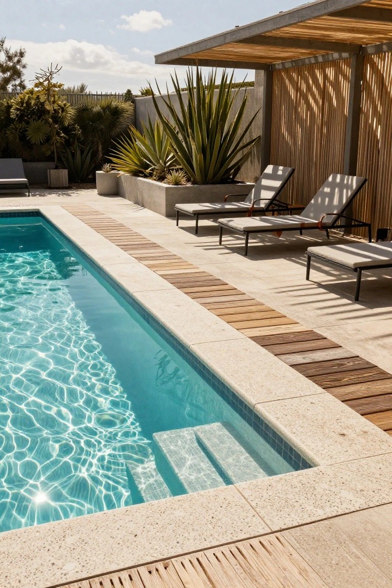 Inground pool with light stone deck edged by narrow wooden planks, several lounge chairs nearby, potted agave plants, and a slatted pergola structure.
