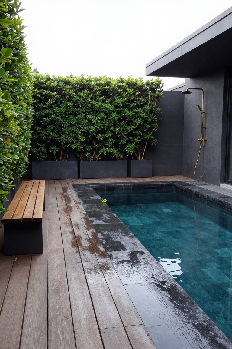 Small square inground pool with turquoise tiles and dark stone edging, adjacent to wet wood decking with a wooden bench, surrounded by green hedges in black planters and an outdoor shower on a gray wall.