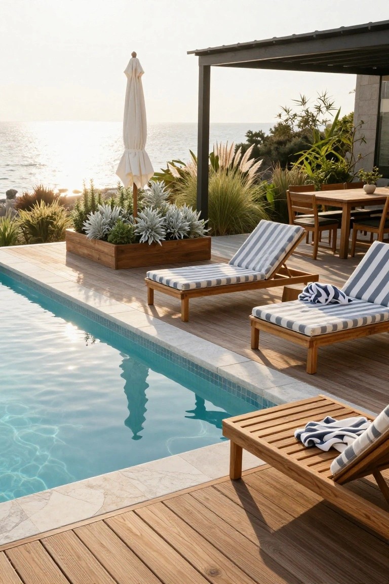 Inground pool bordered by light wooden decking with three teak lounge chairs featuring blue and white striped cushions, potted plants nearby, and ocean view in the background at sunset.