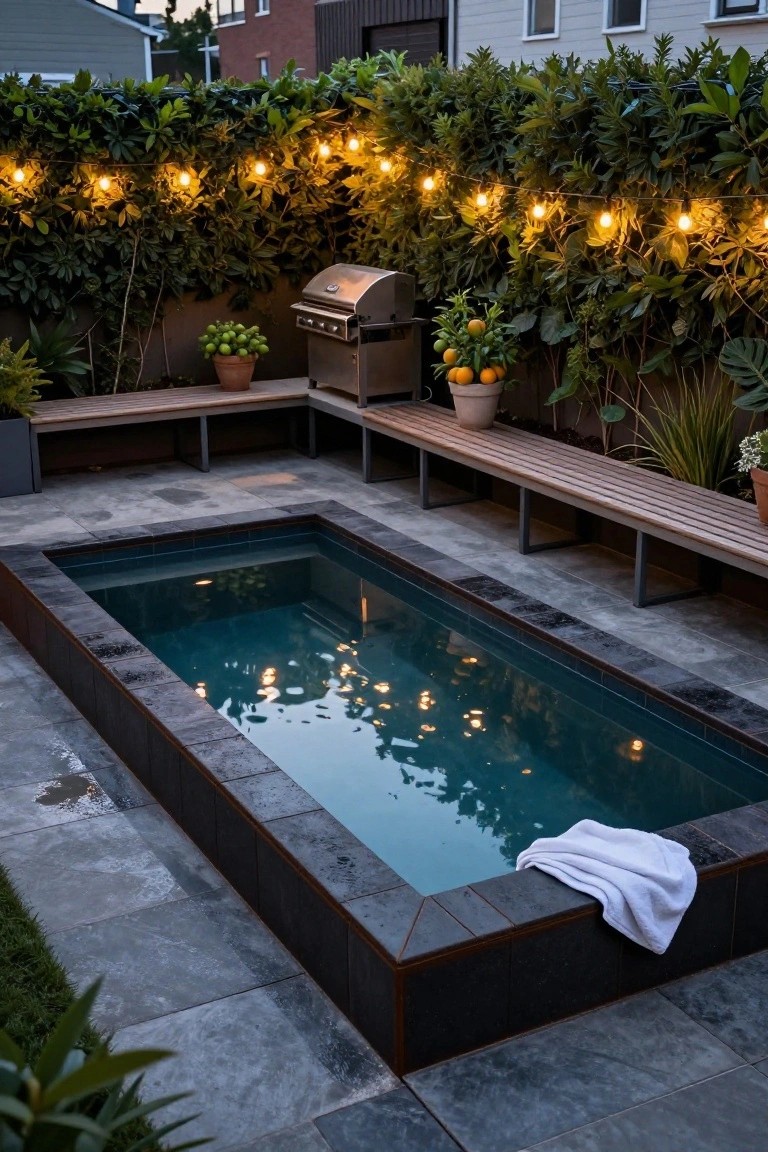 Rectangular turquoise tank pool with black tiled edges in a paved courtyard, surrounded by wooden benches, potted plants, a barbecue grill, and string lights draped over green hedges at dusk.