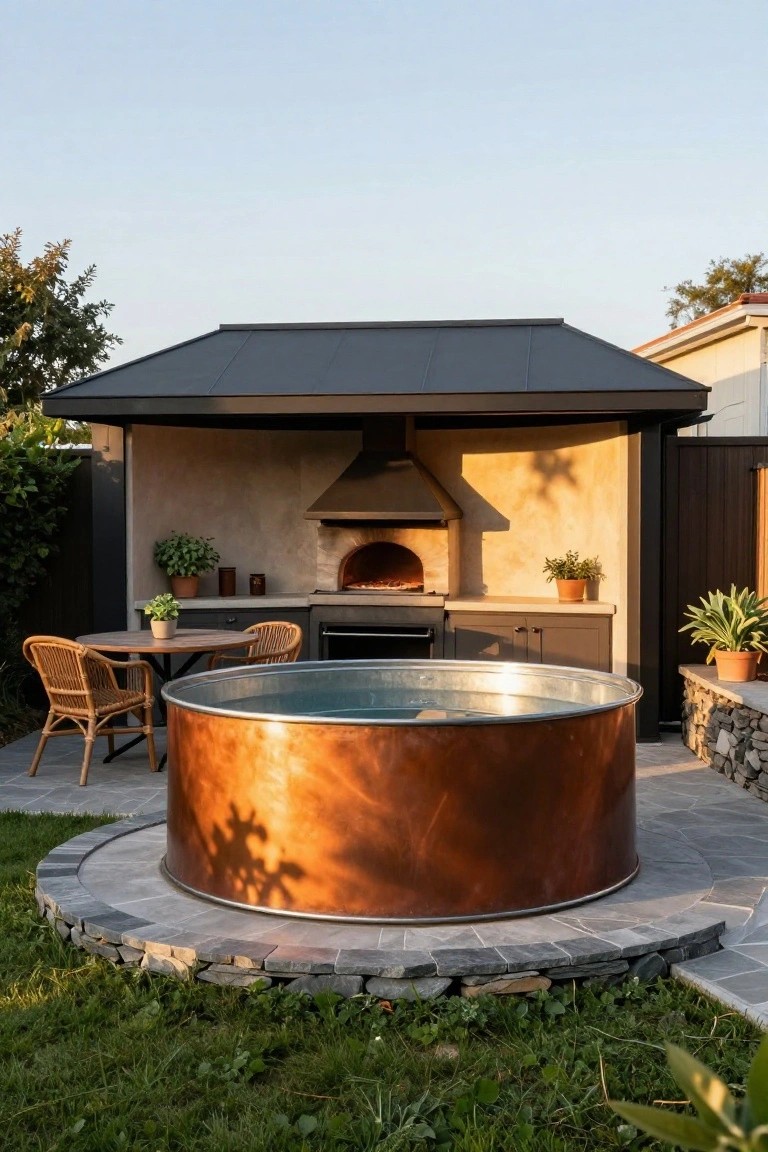 Backyard patio with a large copper stock tank hot tub on a circular stone paver base, rattan chairs and round table nearby, outdoor kitchen featuring a pizza oven, plants, and wooden fence enclosure.