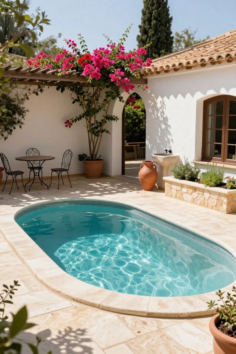 Small oval turquoise pool in a beige stone-tiled courtyard with white stucco walls, pink bougainvillea vines on an archway, black wrought-iron bistro table and two chairs, terracotta pots, and herb planters nearby.