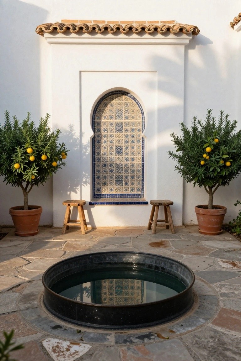 White stucco courtyard wall with blue tiled Moorish arch, flanked by potted lemon trees in terracotta pots and wooden stools, centered on a circular black metal tank filled with water and sunk into stone pavers.