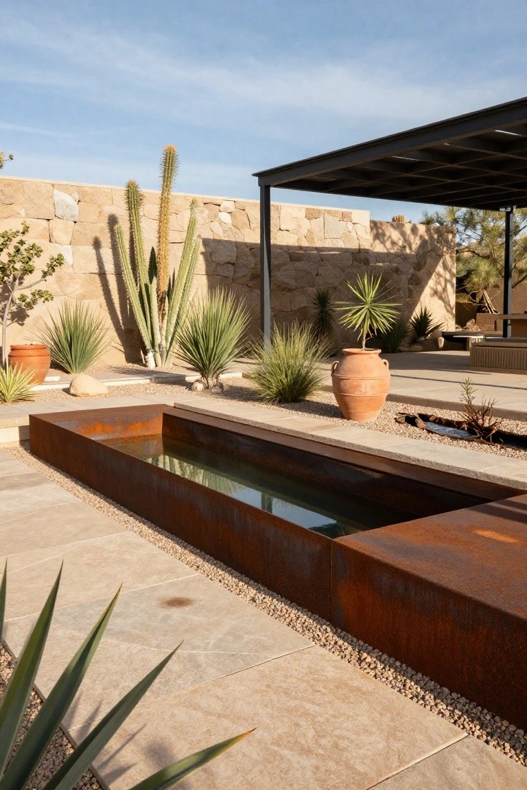Narrow rectangular corten steel pool set into a stone-paved patio surrounded by agave plants, cacti, yucca, terracotta pots, gravel, and a stone wall with metal pergola overhead.