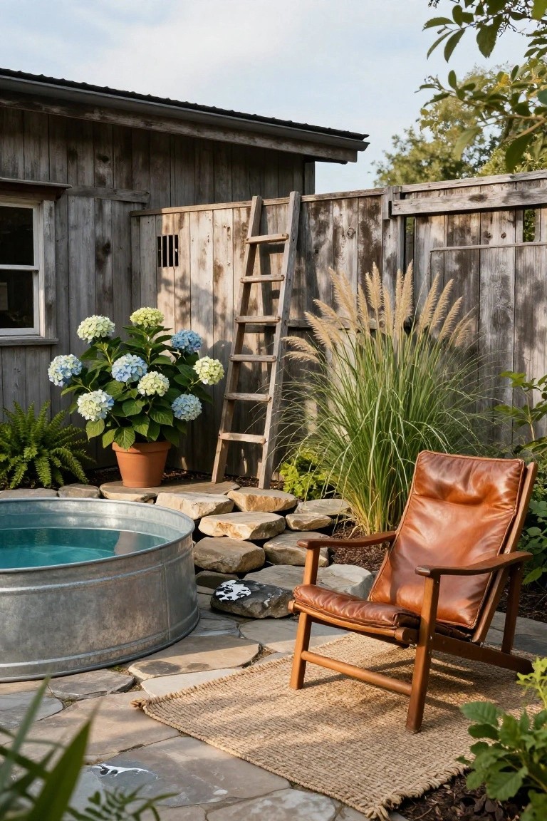 Galvanized stock tank swimming pool in a backyard patio area with a tan leather lounge chair on a seagrass rug nearby, wooden ladder leaning against it, potted blue hydrangeas, tall ornamental grasses, stone pavers, and weathered wooden fence and shed in the background.