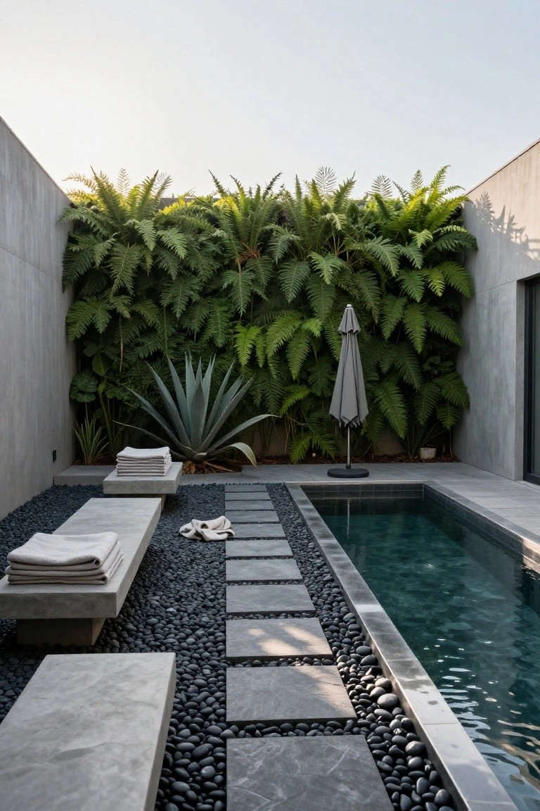 Narrow rectangular plunge pool in a concrete-walled courtyard with lush green fern-covered walls, black pebble ground cover, gray slate stepping stones along one edge, concrete benches stacked with white towels, a gray market umbrella, and an agave plant nearby.