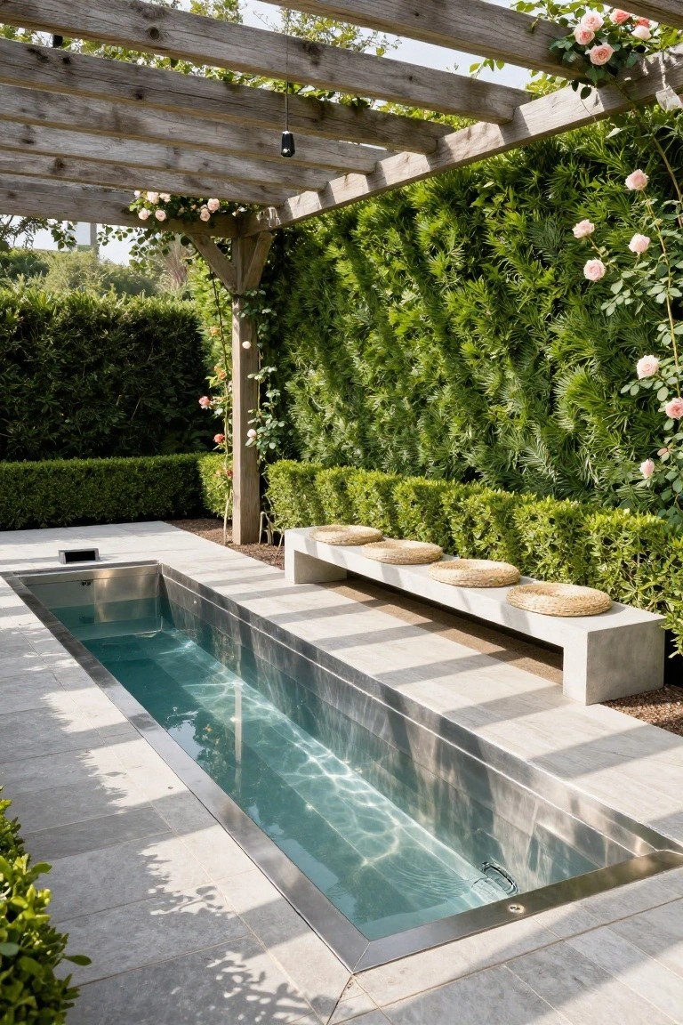 Narrow rectangular stainless steel pool embedded in a stone patio surrounded by green hedges and boxwood, with a long concrete bench topped by round woven cushions, under a wooden pergola with climbing roses.