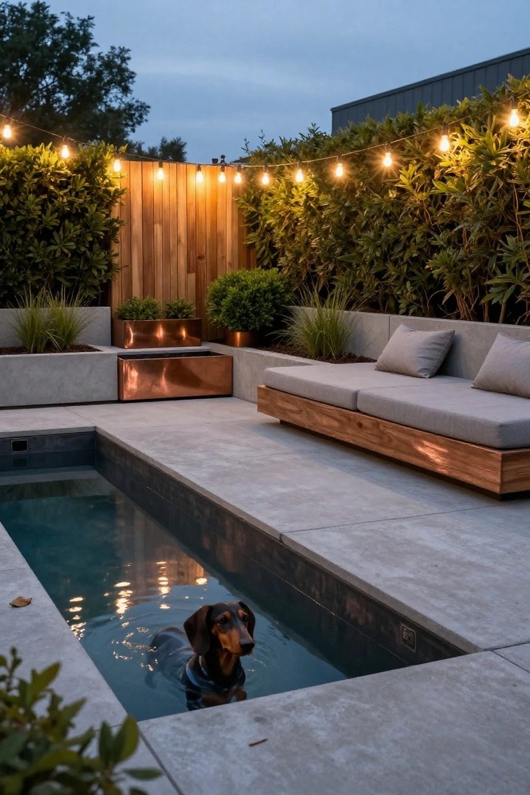 Narrow in-ground swimming pool with blue water and a dachshund dog swimming, adjacent to gray concrete patio with wooden outdoor sofa, gray cushions, concrete planters with grasses, copper pots, wooden fence with greenery and string lights at dusk.