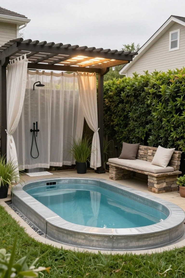 Oval galvanized metal tank converted into a turquoise plunge pool beside an outdoor shower enclosed by sheer curtains under a wooden pergola with string lights, a stone bench nearby, plants, and grassy yard.