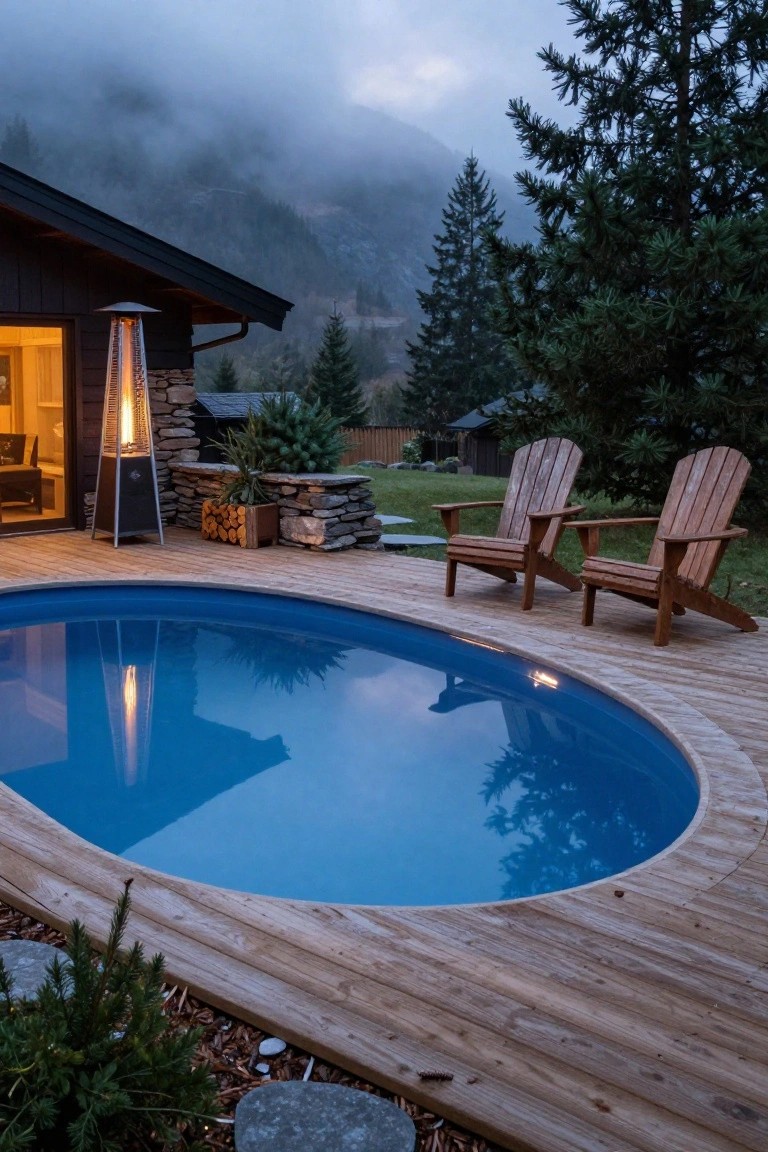 Oval blue swimming pool surrounded by curved wooden deck with two Adirondack chairs, tall patio heater, stack of firewood, modern wooden house with glass doors, plants, trees, and misty mountains in background.
